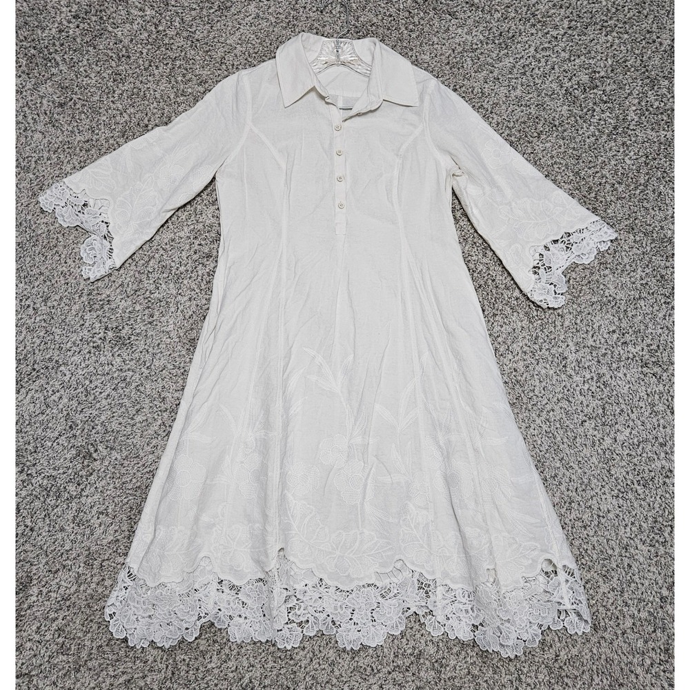Soft Surroundings Midi Dress Womens M White Embroidered Lace Hem 3/4 Sleeve Boho